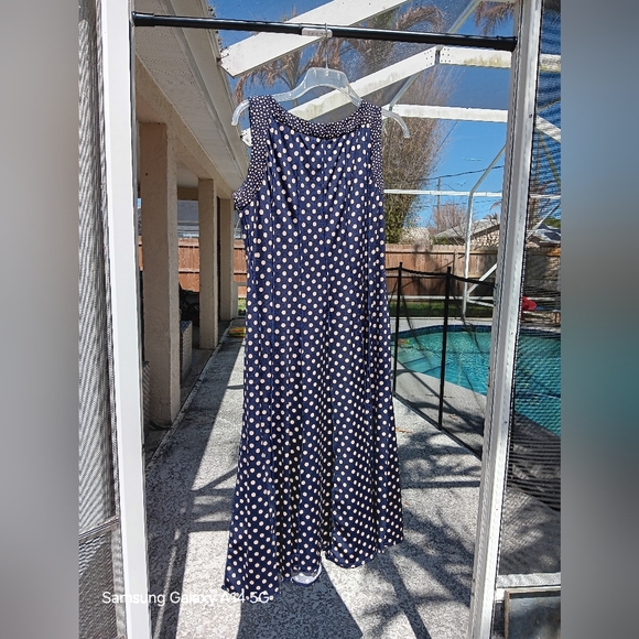 Perceptions NY Navy Polka Dot Sleeveless Midi Dress Sz 14 - Picture 3 of 6